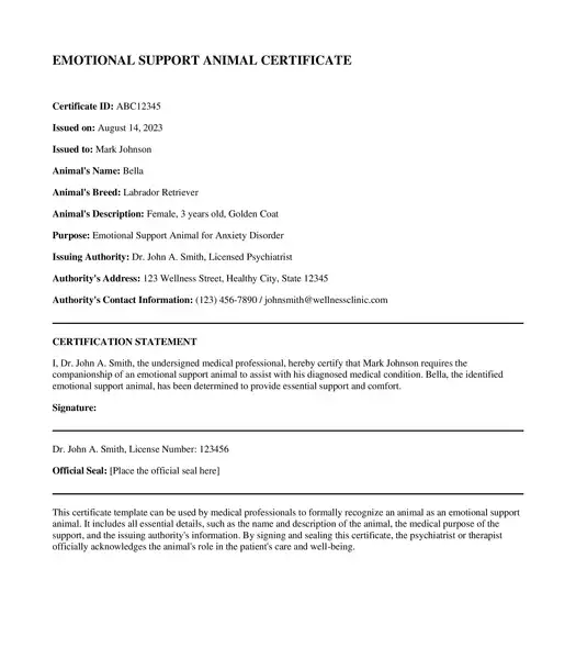 Emotional Support Animal Letter Example 02