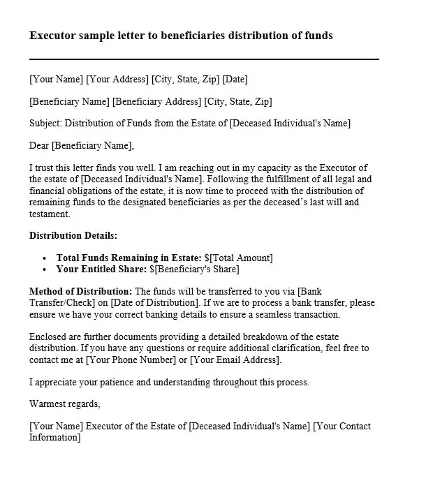 Executor sample letter to beneficiaries distribution of funds