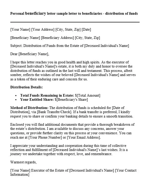 Personal beneficiary letter sample letter to beneficiaries distribution of funds