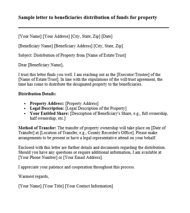 Sample letter to beneficiaries distribution of funds For Property