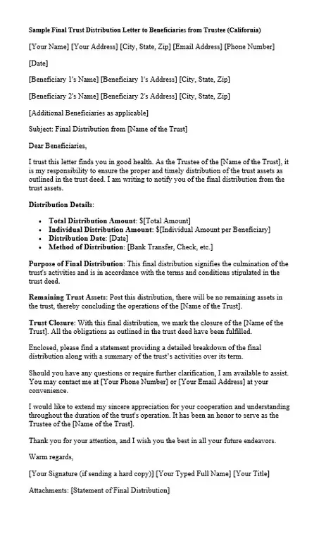 trust distribution letter sample Sample Final Trust Distribution Letter to Beneficiaries from Trustee (California)