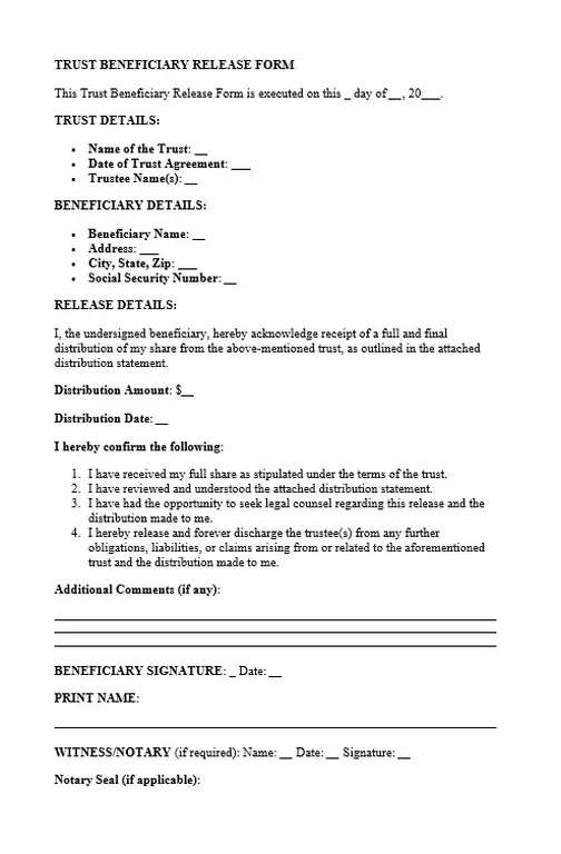 trust distribution letter sample Trust beneficiary release form