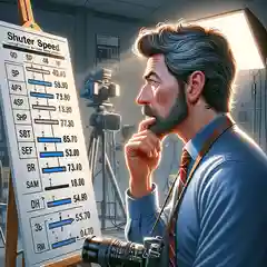 An illustrative image of a photographer examining a shutter speed chart