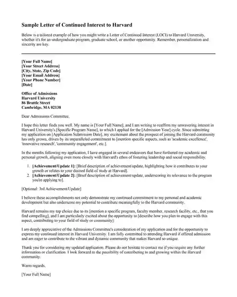 sample letter of continued interest harvard