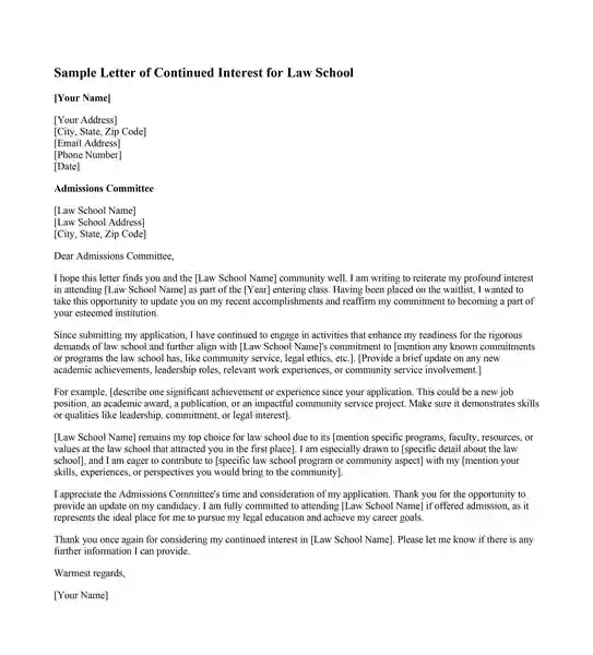 sample letter of continued interest law school