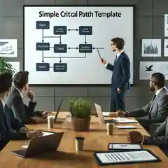 A professional office setting where a project manager is presenting a 'Simple Critical Path Template' on a whiteboard to a team of coll