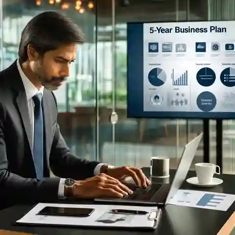 A business professional, a middle aged South Asian man, working on a 5 year business plan using Microsoft PowerPoint on his laptop