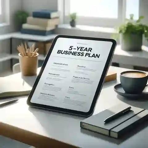 A close up view of a 5 year business plan example document on a digital tablet.