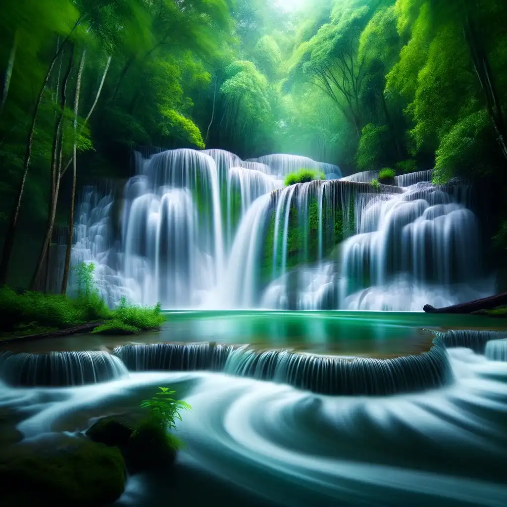 A photo of a waterfall with smooth, blurred water due to a slow shutter speed
