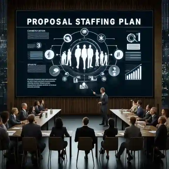 An image of a business meeting where a team is presenting a proposal staffing plan template to potential clients