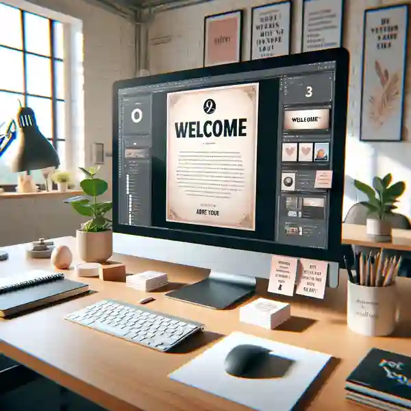 An image of a new employee's first day at a creative agency, featuring a personalized sample welcome letters for new employees displayed on a computer