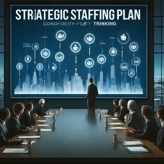 An image of a strategic planning session in a corporate boardroom, focusing on a strategic staffing plan template