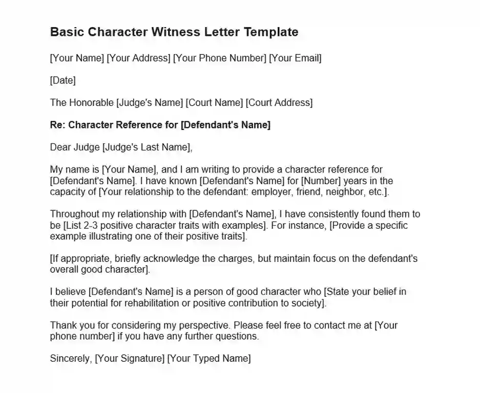 Basic Character Witness Letter Template