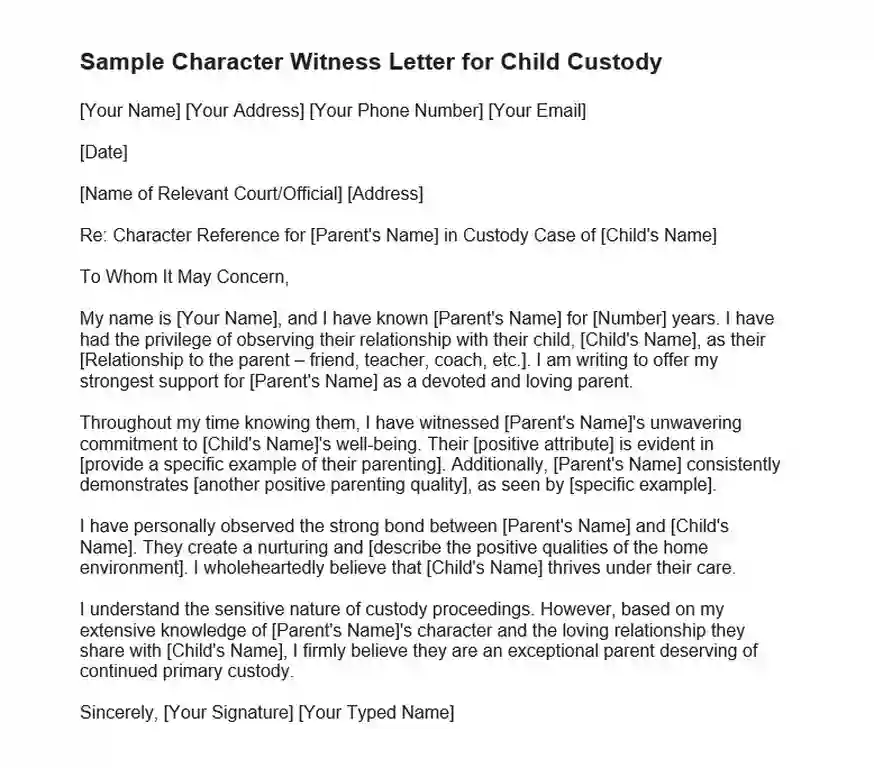 Character Witness Letter Template for Child Custody