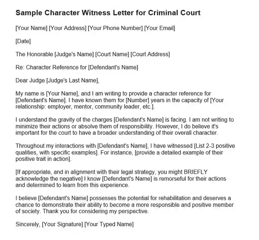 Character Witness Letter Template for Criminal Court