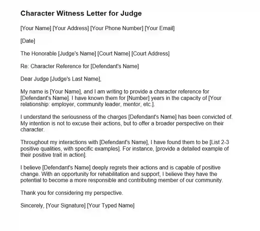 Character Witness Letter Template for Judge