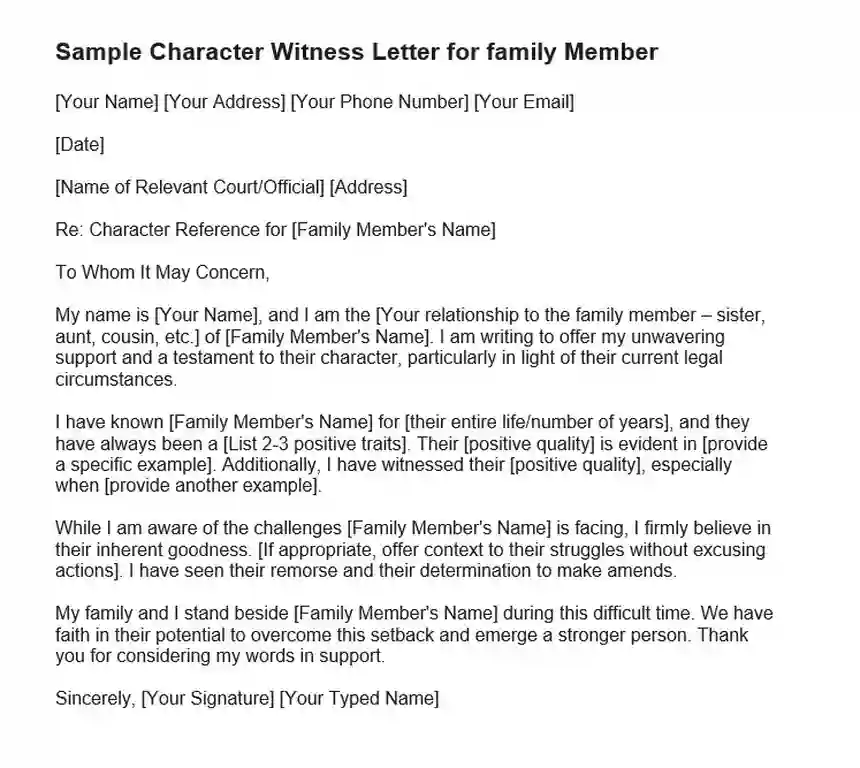Character Witness Letter Template for family Member
