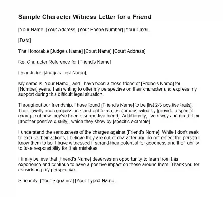 Character Witness Letter Template for for a Friend