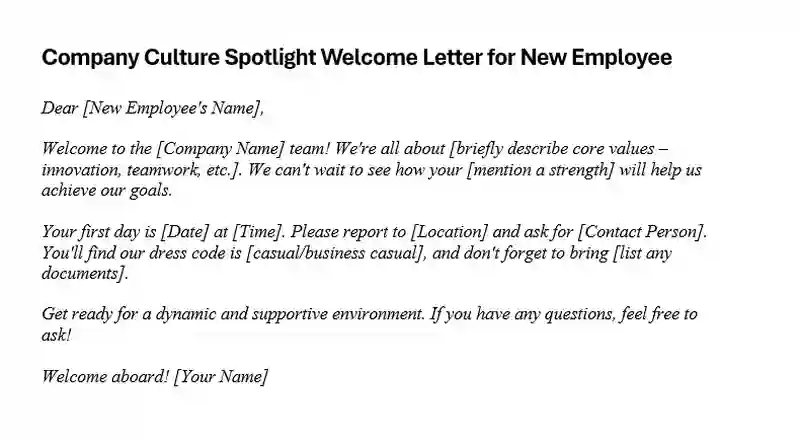 Company Culture Spotlight Welcome Letter for New Employee