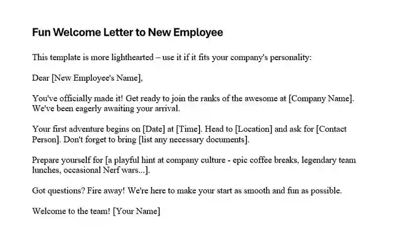 Fun Welcome Letter to New Employee