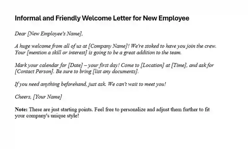 Informal and Friendly Welcome Letter for New Employee