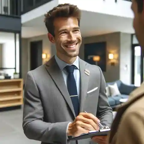 Job Description for a Property Manager A male property manager smiling while talking to tenants in a residential building