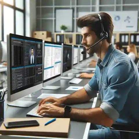 Job Description for a Technical Support Specialist A male technical support specialist sitting at a desk in a modern office