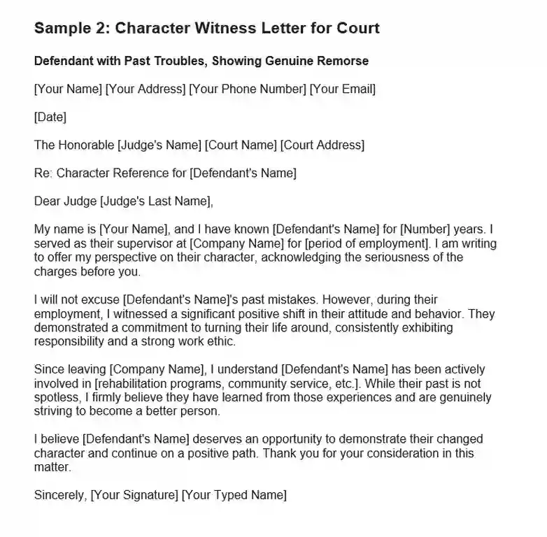 Sample Character Witness Letter Template for Court