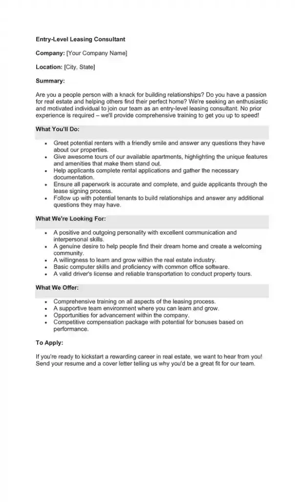 Sample Job Description for a Leasing Consultant 01 Sample Job Description for a Leasing Consultant 01