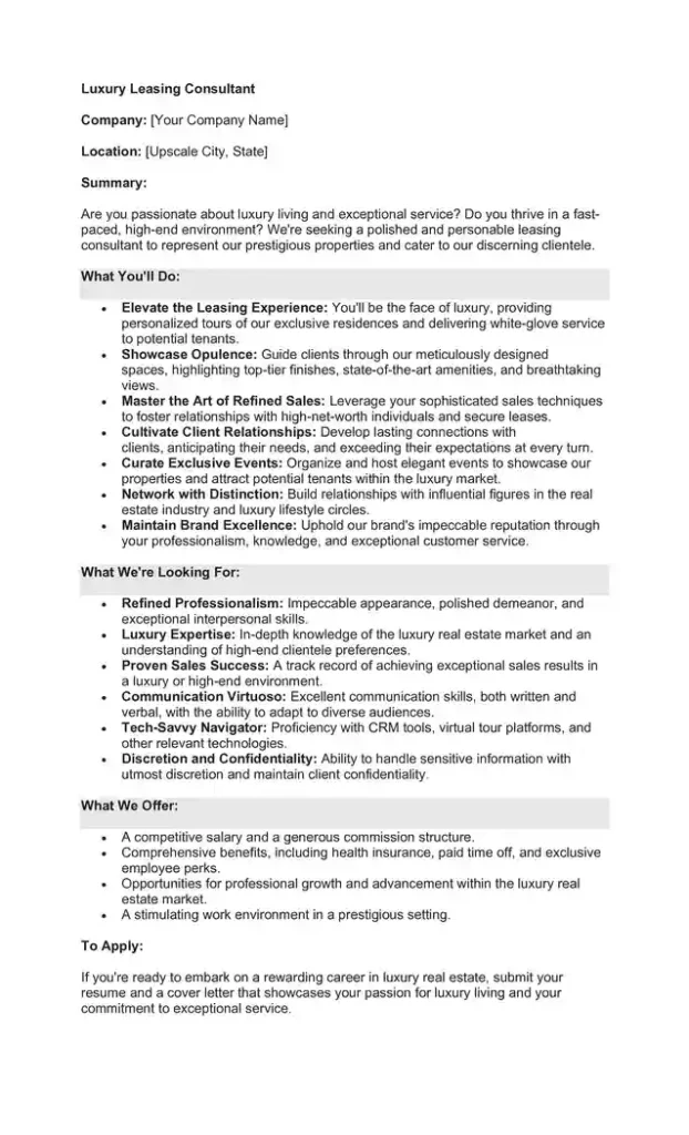 Sample Job Description for a Leasing Consultant 03 Sample Job Description for a Leasing Consultant 03