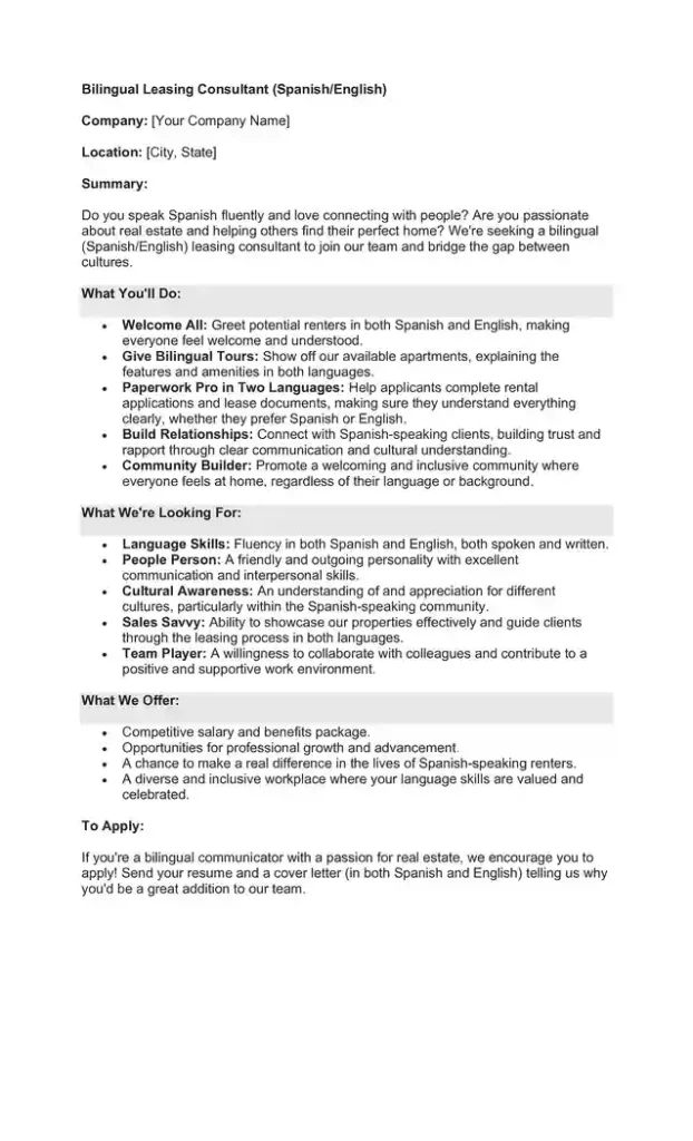 Sample Job Description for a Leasing Consultant 04 Sample Job Description for a Leasing Consultant 04