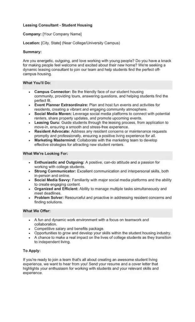 Sample Job Description for a Leasing Consultant 05 Sample Job Description for a Leasing Consultant 05