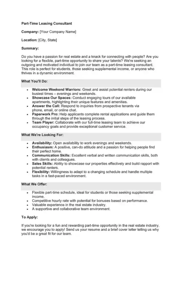 Sample Job Description for a Leasing Consultant 06 Sample Job Description for a Leasing Consultant 06