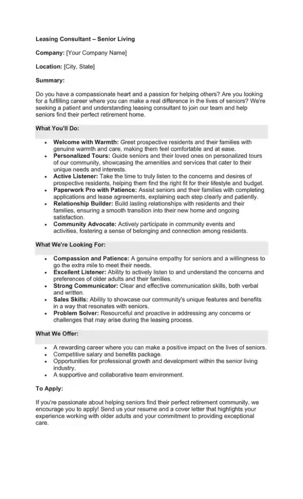 Sample Job Description for a Leasing Consultant 07 Sample Job Description for a Leasing Consultant 07