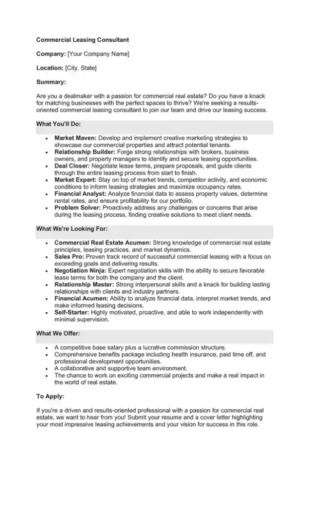 Sample Job Description for a Leasing Consultant 08 Sample Job Description for a Leasing Consultant 08