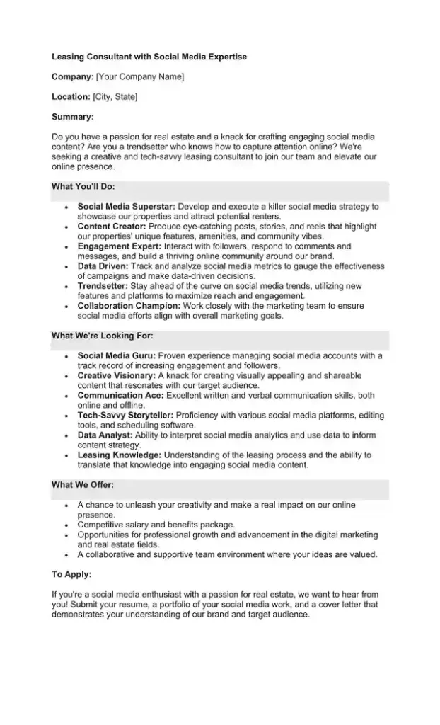 Sample Job Description for a Leasing Consultant 09 Sample Job Description for a Leasing Consultant 09