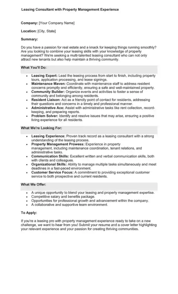 Sample Job Description for a Leasing Consultant 10 Sample Job Description for a Leasing Consultant 10