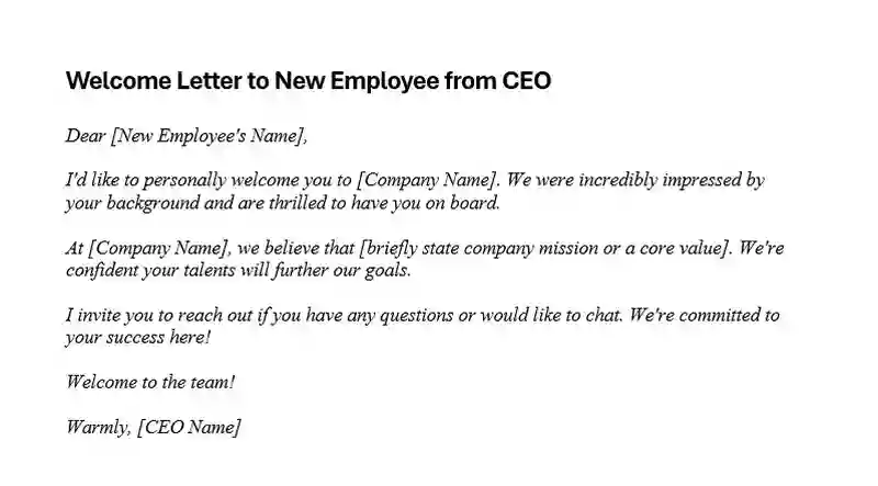 Sample Welcome Letter to New Employee from CEO