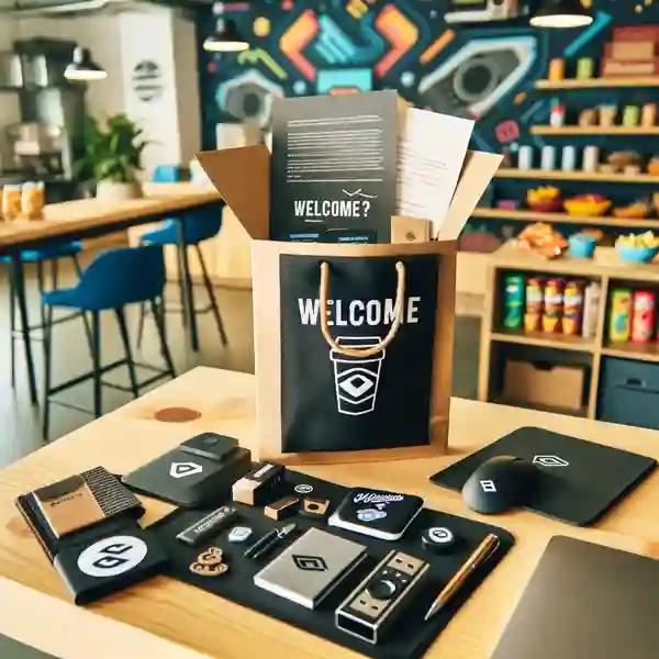 Sample Welcome Letters for New Employees A creative scene in a tech company's break room where a new employee finds a welcome letter included in a special welcome pack