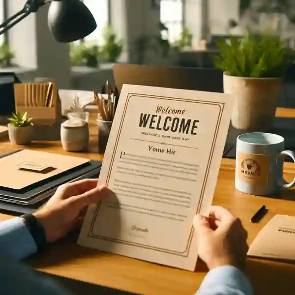 Sample Welcome Letters for New Employees A warm and welcoming office scene where a new employee discovers a personalized welcome letter on their desk on their first day