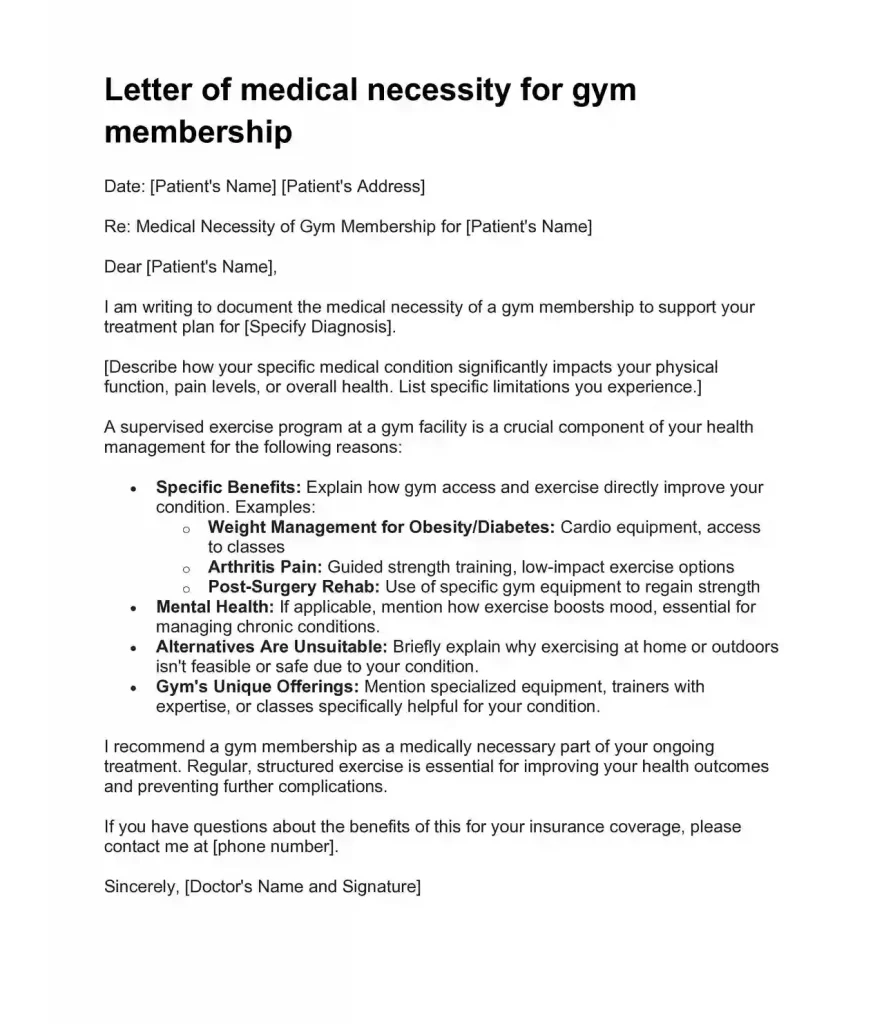 letter of medical necessity for gym membership