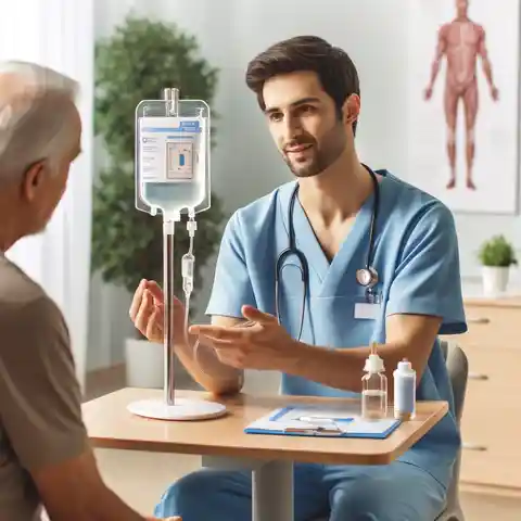 Amale infusion nurse explaining the infusion process to a patient or a patient's family in a hospital setting