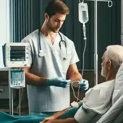 Infusion Nurse Job Description Amale infusion nurse monitoring a patient receiving treatment in a hospital room