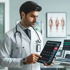 Job Description for a Cardiologist A male cardiologist in a modern hospital setting, consulting a digital screen