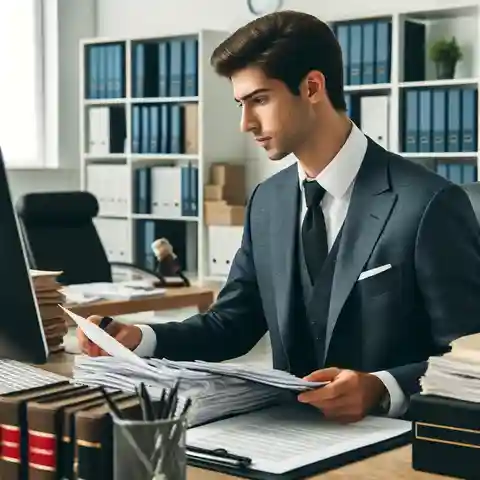 Job Description for a Legal Secretary A professional male legal secretary in a modern office setting, dressed in a smart suit, organizing legal documents and working