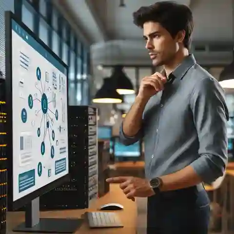 Job Description for a Network Engineer A male network engineer in a modern office setting, standing next to a large monitor displaying network diagrams