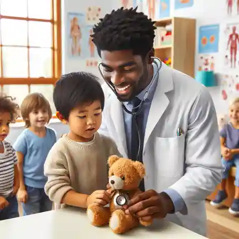 Job Description for a Pediatrician A male pediatrician in a brightly lit, cheerful clinic office, interacting with a diverse group of children