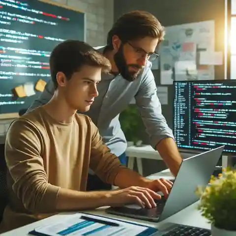 Job Description for a Software Engineer Intern A young male software engineer intern working on a laptop in a modern office environment