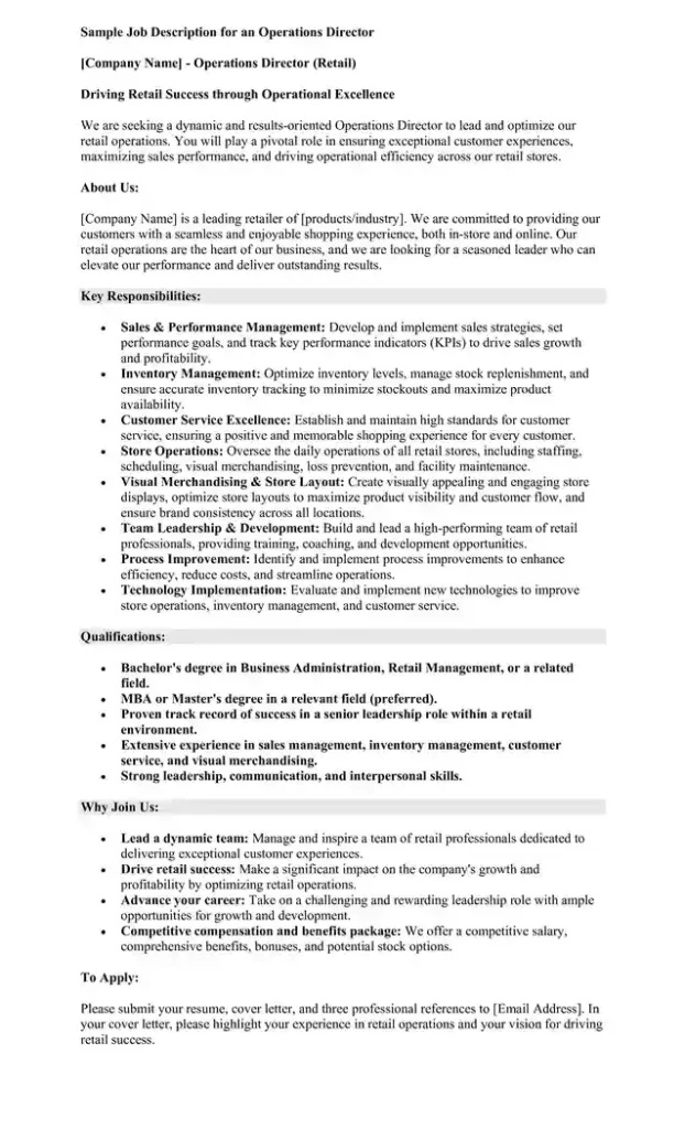 Job Description for an Operations Director - 4. Operations Director (Retail) Job Description for an Operations Director - 4. Operations Director (Retail)