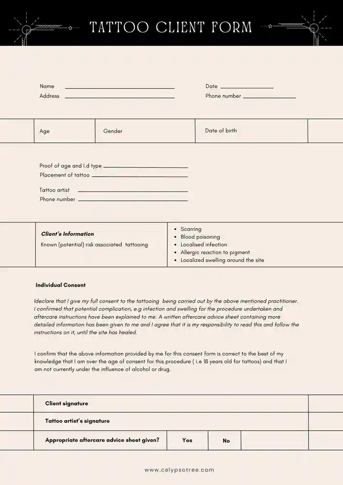 Professional Tattoo Client Intake Form Professional Tattoo Client Intake Form